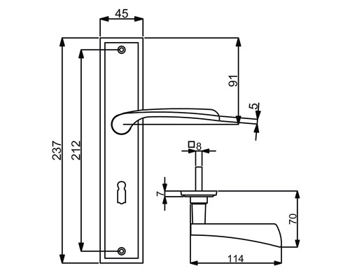 Technische Zeichnung eines Türbeschlags mit Maßangaben