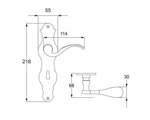 Technische Zeichnung eines Türdrückers mit Maßangaben