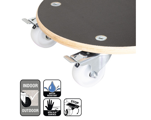 Rollbrett mit Rollen und Bremse sowie Symbole für Innen- und Aussenbereich, wasserabweisend, rutschfeste Oberfläche und Feststellbremse