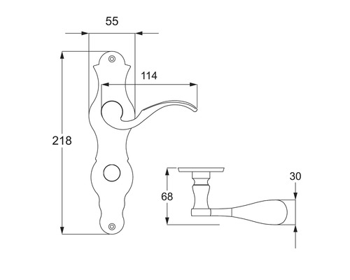Technische Zeichnung eines Türgriffs mit Maßangaben