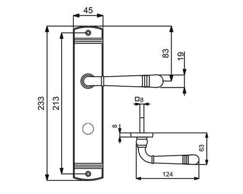 Technische Zeichnung einer Türgarnitur mit Maßen.