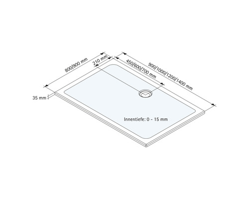 Technische Zeichnung einer Duschwanne mit Maßangaben.