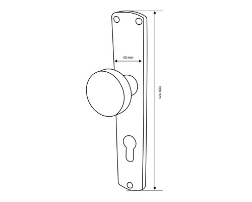 Technische Zeichnung eines Türdrückers mit Rosette und Maßangaben