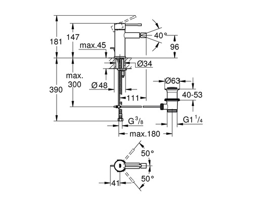 Technische Zeichnung eines Wasserhahns mit Maßangaben