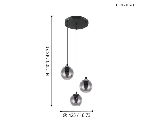 Luminaire suspendu avec trois boules en verre fumé et indications de dimensions