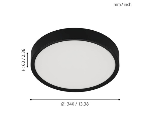 Plafonnier rond mesurant 340 mm sur 60 mm