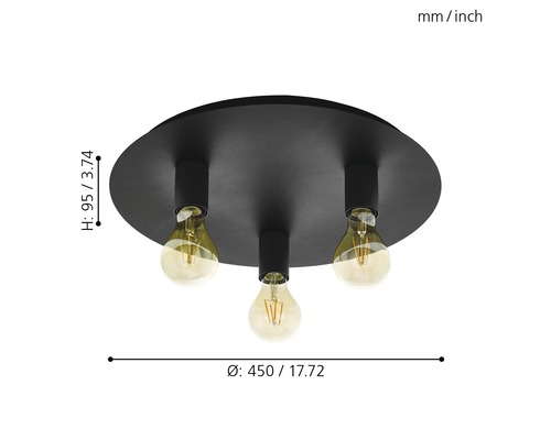 Plafonnier noir avec trois ampoules et indications de dimensions