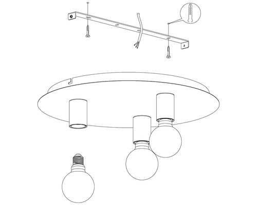 Dessin d''un plafonnier avec trois ampoules et matériel de montage