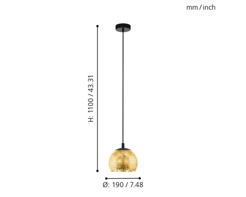 Hängelampe mit runder Form und Maßangaben