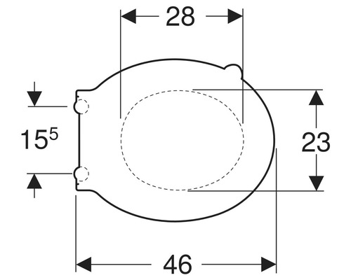 Technische Zeichnung eines WC-Sitzes mit Maßangaben.