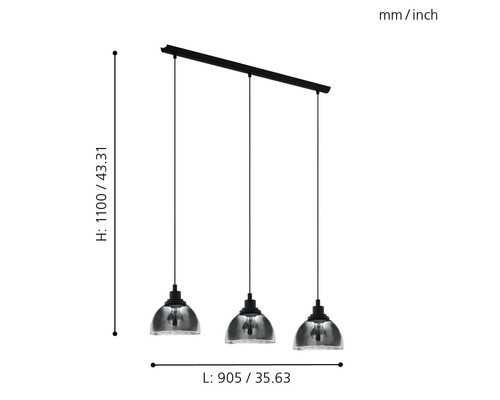 Pendelleuchte mit drei Glasschirmen und Maßangaben