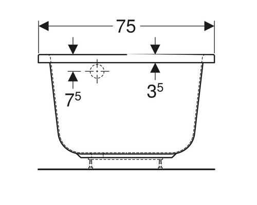 Technische Zeichnung einer Badewanne mit Maßangaben.
