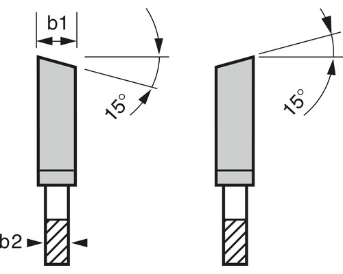 Schéma technique d''un couteau de rabot avec indication d''angle de 15 degrés