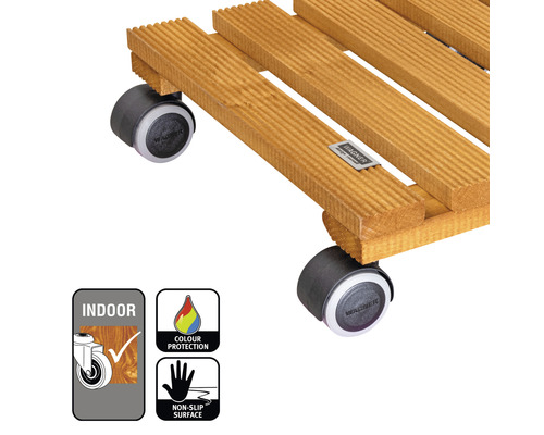 Pflanzenroller aus Holz mit Rollen, geeignet für Innenräume. Mit Farbschutz und rutschfester Oberfläche.