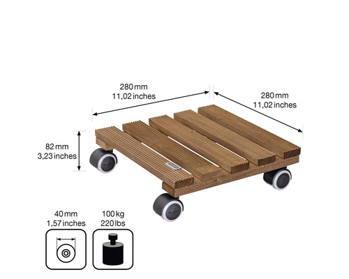 Planche à roulettes en bois avec dimensions et informations sur la capacité de charge