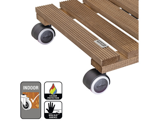 Support à roulettes en bois avec label intérieur, label de protection des couleurs, surface antidérapante et logo Wagner