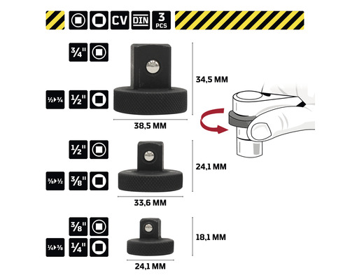 Drei Reduzierstücke aus Chrom Vanadium Stahl mit Größenangaben