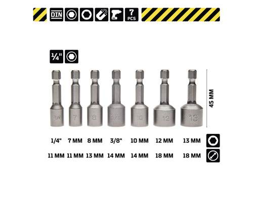 Sieben magnetische Steckschlüsseleinsätze in verschiedenen Größen, von 1/4 Zoll bis 13 Millimeter, Länge 45 Millimeter.