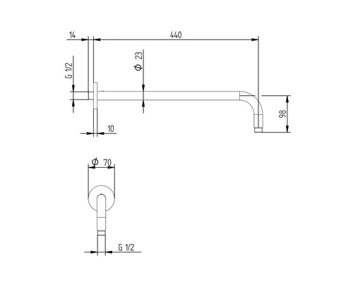Technische Zeichnung eines Wandauslaufs mit Maßangaben