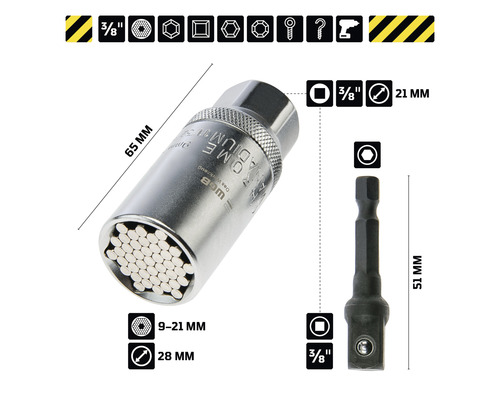 Universeller Steckschlüssel-Adapter mit den Maßen 9 bis 21 Millimeter und 3/8 Zoll Aufnahme