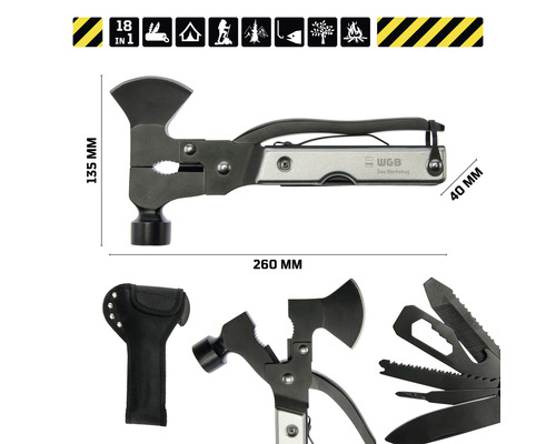 Multifunktionswerkzeug mit Axt, Hammer und verschiedenen Werkzeugen sowie einer Tasche. Abmessungen sind im Bild dargestellt.