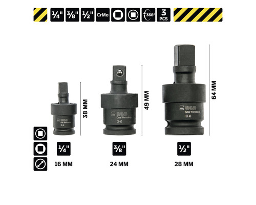 Dreiteiliges Reduzierstückset aus Chrom-Molybdän-Stahl mit den Größen ein Viertel Zoll, drei Achtel Zoll und ein Halb Zoll