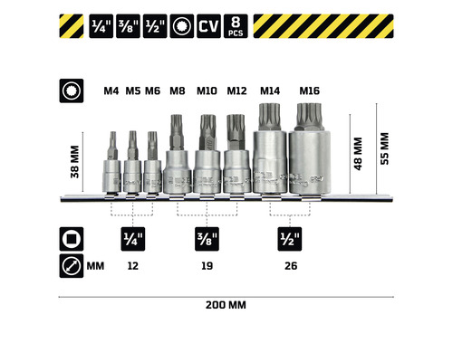 Huit embouts à cannelures multiples M4 à M16 en acier chrome vanadium