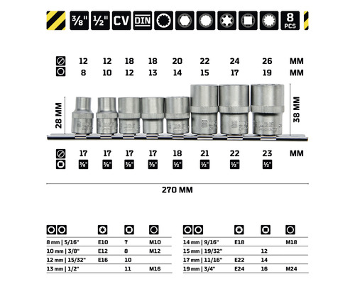 Jeu de douilles de huit pièces de différentes tailles sur un rail