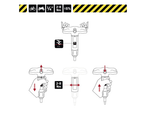 Anleitung zur Verwendung eines Drehmomentschlüssels für Fahrräder und Motorräder mit einer Größe von 1/4 Zoll und einem Drehmoment von 2 bis 8 Newtonmeter bei einer Toleranz von circa sechs Prozent.