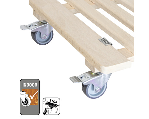 Roulettes en bois avec roulettes pour l''intérieur et frein de stationnement