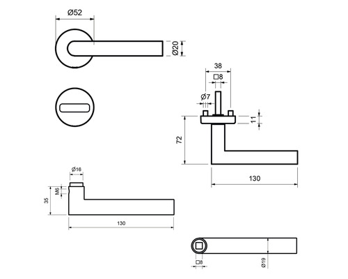 Schéma technique d''une poignée de porte avec indications de dimensions