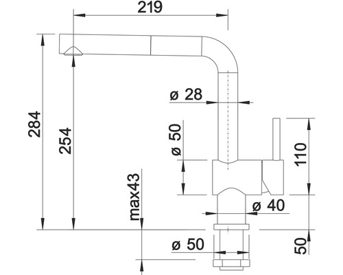 Technische Zeichnung einer Küchenarmatur mit Maßangaben