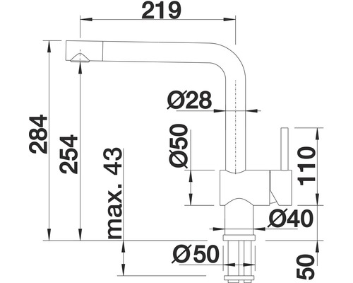 Technische Zeichnung einer Küchenarmatur mit Maßangaben