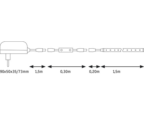 Illustration d''une guirlande lumineuse LED avec fiche et indications de dimension