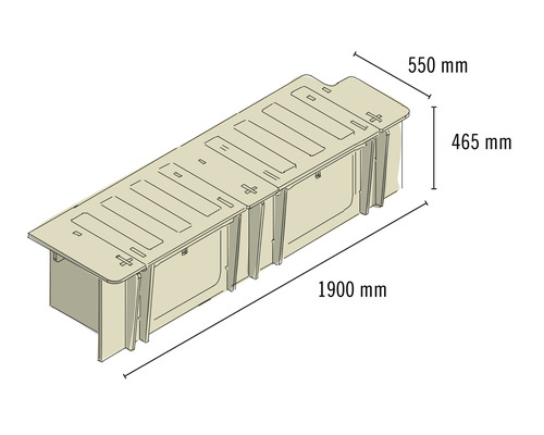 Illustration eines Regals mit den Maßen 1900 mm Länge, 550 mm Breite und 465 mm Höhe