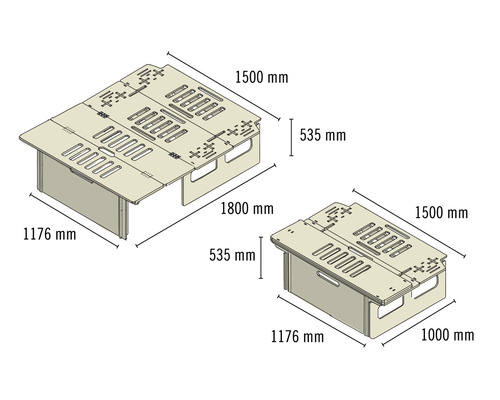 Diagramm eines höhenverstellbaren Betts mit verschiedenen Abmessungen