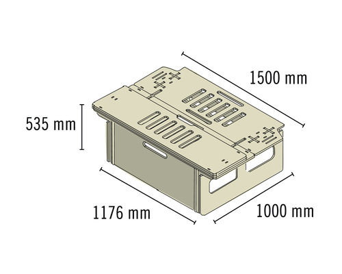 Darstellung einer Holzkiste mit den Maßen 1500 mm, 535 mm, 1176 mm und 1000 mm.