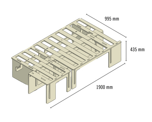 Skizze eines Lattenrostes mit den Maßen 995 Millimeter mal 1900 Millimeter und einer Höhe von 435 Millimetern