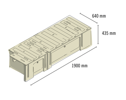 Produktzeichnung mit Abmessungen: Länge 1900 mm, Breite 640 mm, Höhe 435 mm.