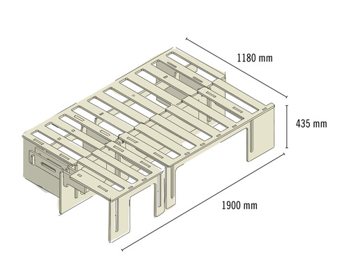 Abbildung einer Bettkonstruktion mit den Maßen 1180 mm Breite, 435 mm Höhe und 1900 mm Länge.