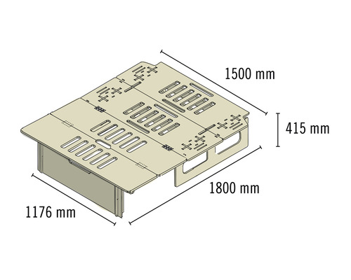 Technische Zeichnung eines Möbelbausatzes mit Maßangaben