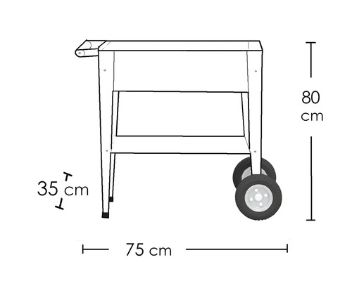 Skizze eines Servierwagens mit den Maßen 80 x 75 x 35 cm.