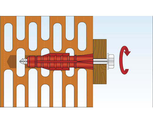 Illustration d''une cheville dans une façade perforée avec vis et flèche de rotation