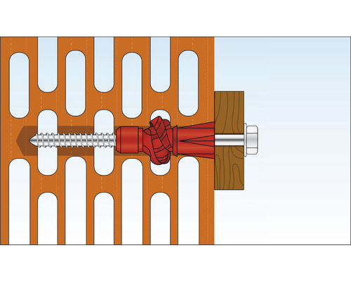 Illustration d''une vis avec cheville dans une façade perforée pour la fixation d''une pièce de bois.