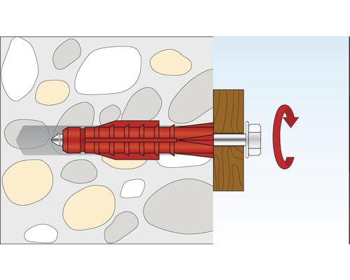 Illustration d''une fixation par cheville dans un mur avec vis et mouvement de rotation
