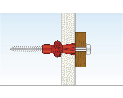 Illustration d''une fixation par cheville dans un mur avec vis et pièce de bois