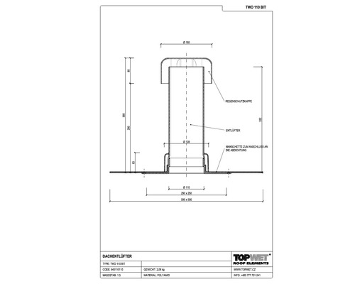 TopWet Dachentlüfter mit integrierter Bitumen-Manschette NW 110 mm H = 300 mm