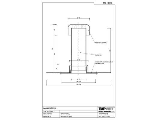 TopWet Dachentlüfter mit integrierter PVC-Manschette NW 110 mm H = 300 mm