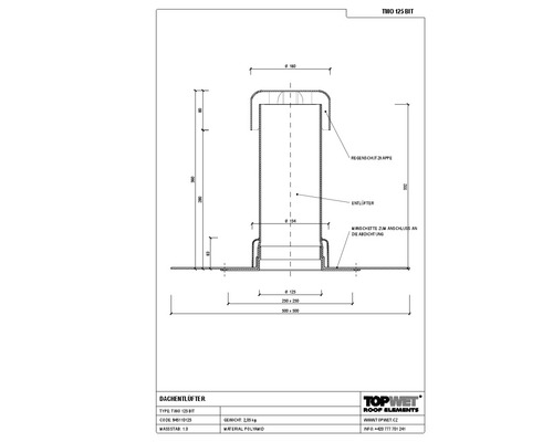 TopWet Dachentlüfter mit integrierter Bitumen-Manschette NW 125 mm H = 300 mm