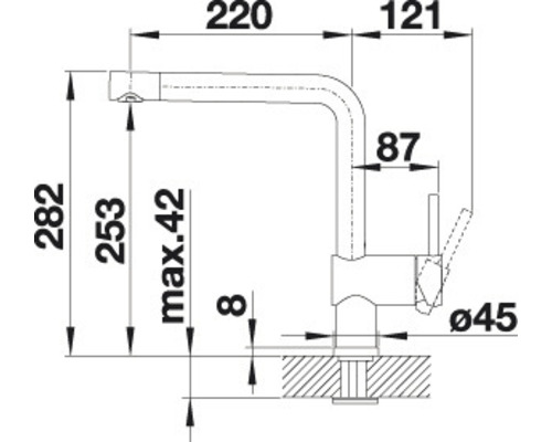 Technische Zeichnung einer Küchenarmatur mit Maßangaben